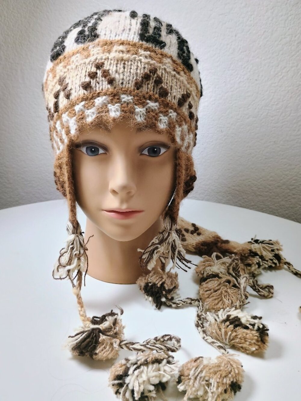 Handmade Andean Alpaca Wool Winter Hat (Chullo) with Pom-poms and Ear Flaps